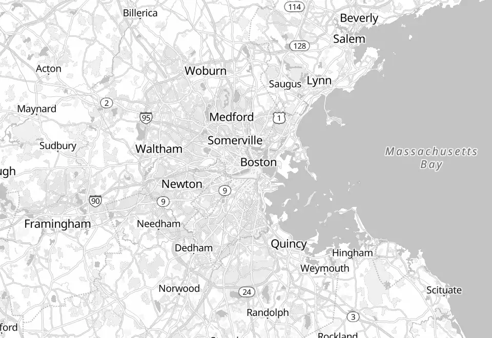 Illustrative map of example homes around Greater Boston, each pinned with its commute time to an office in Kendall Square