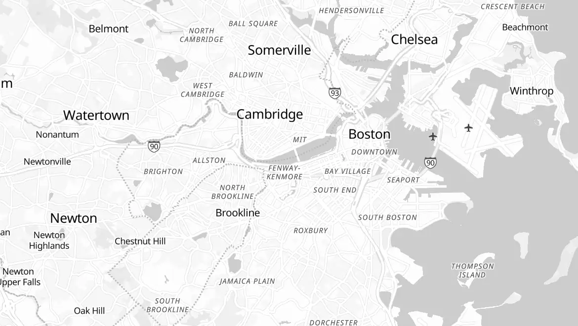Illustrative map of Boston neighborhoods pinned with minutes to an office in Kendall Square and one in the Longwood Medical Area